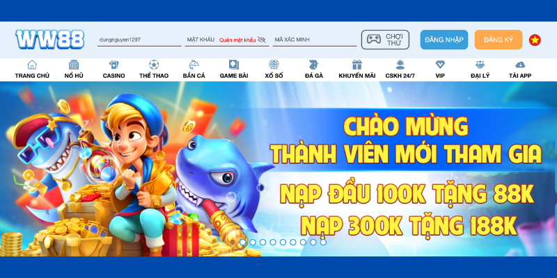 Phần đăng nhập vào WW88 được đặt ngay trên trang chủ